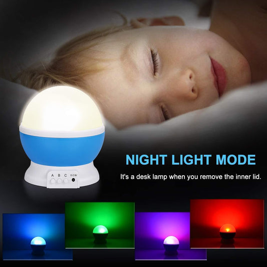 Star Moon Galaxy Night Light Projector – 360° Rotating LED Lamp with Multicolor Night Mode (USB Powered)