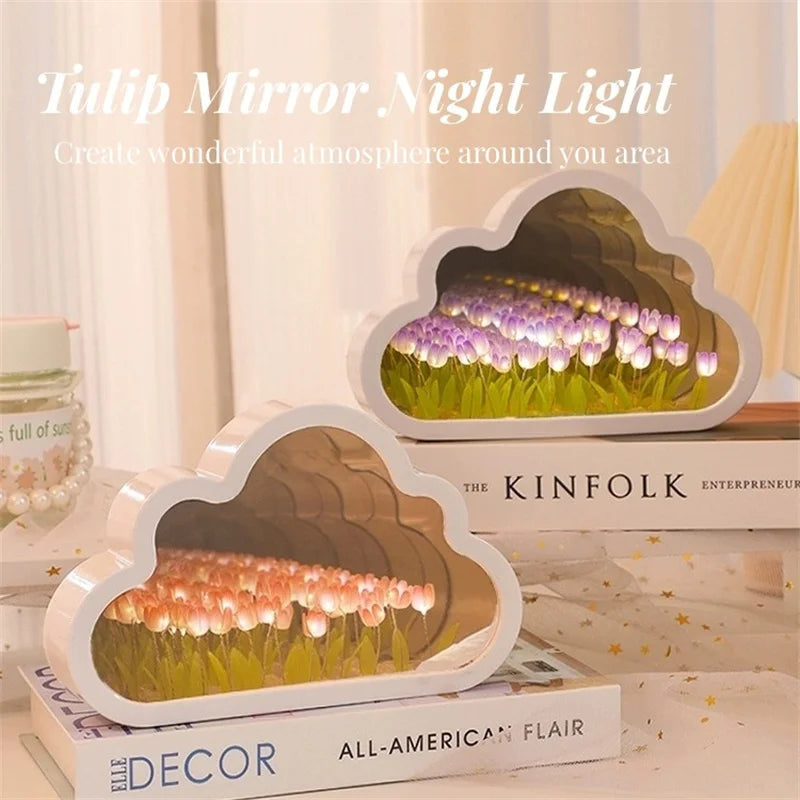 1Pc Handmade DIY Clouds Tulip Lamps LED Night Light Mirror Table Lamps Bedroom Ornaments Decoration Flower Sea Atmosphere Lamp